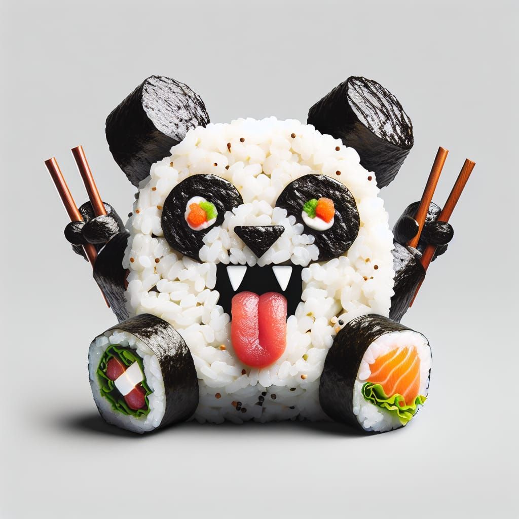 A rebel SUSHI crossed with a (PANDA BEAR made of SUSHI ROLLS...