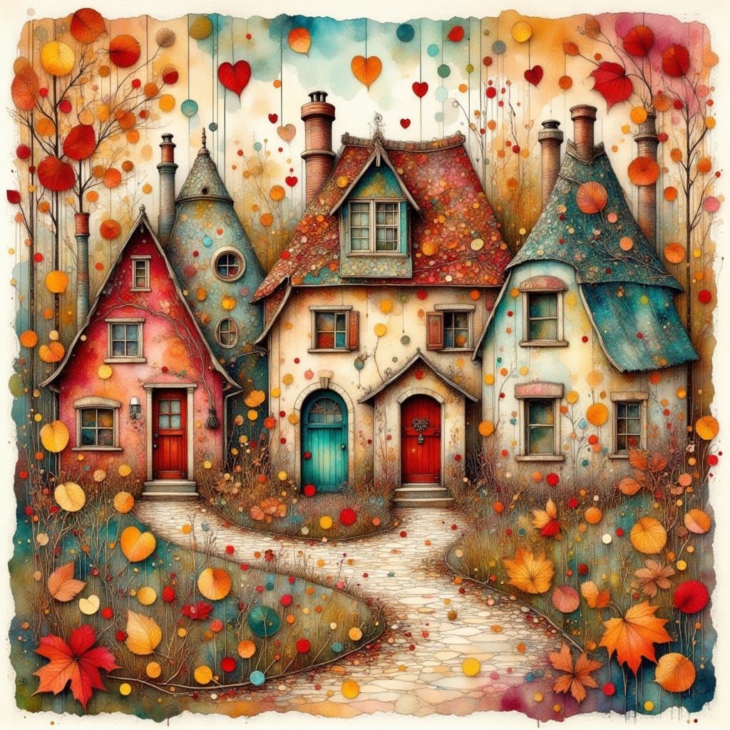 Whimsical Cottages in Naive Art Style with Ornate Patterns