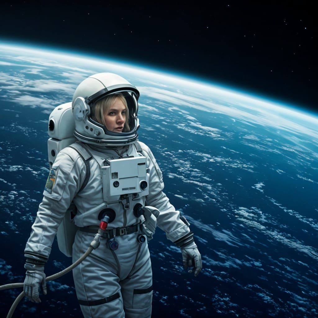 Blonde Astronaut Looks Down on Earth from Space Station