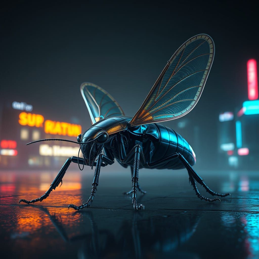 Cybernetic Cockroach Emerges from Neon Dusk