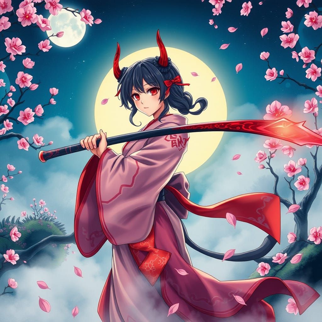 Mystical Demon Slayer in Moonlit Japanese Garden