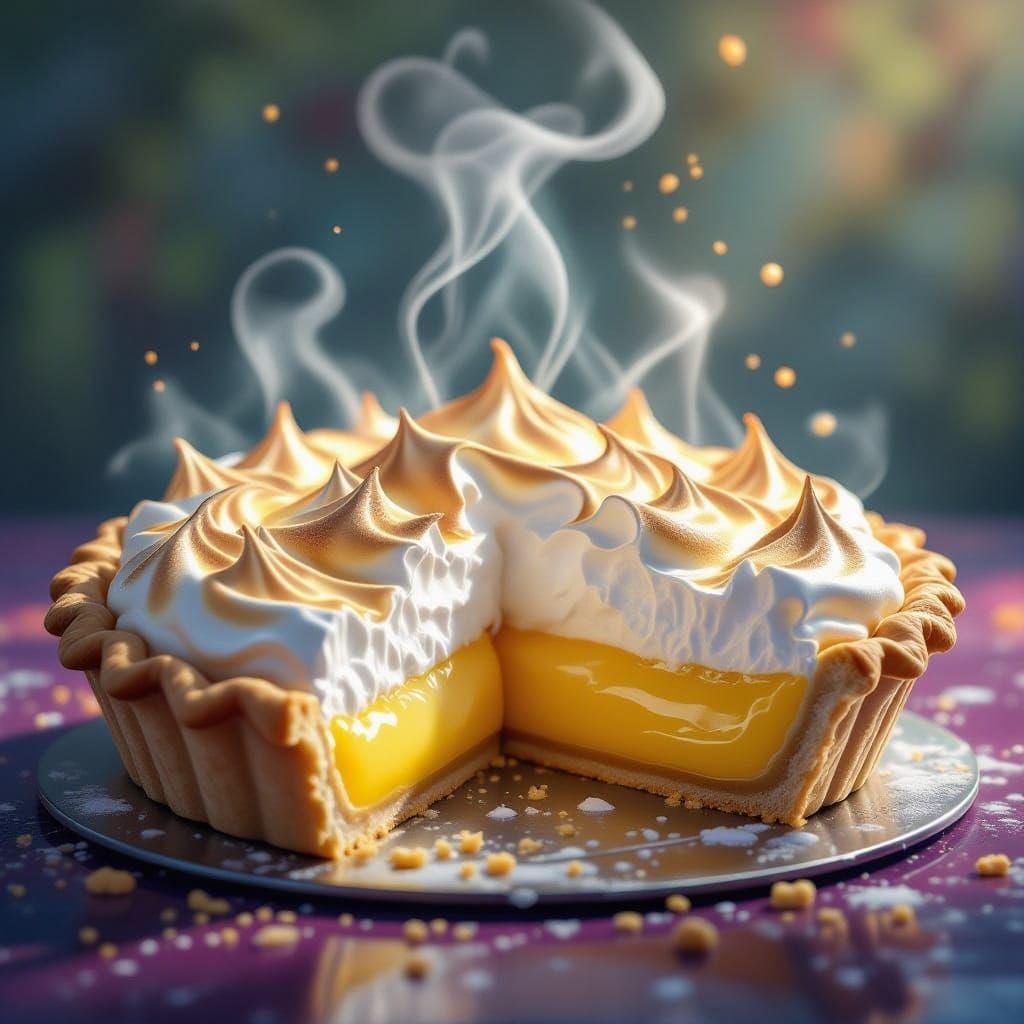 Hyperrealistic Lemon Meringue Pie with Glowing Steam