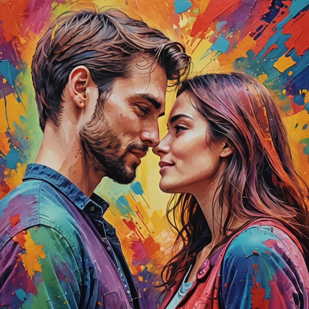 Passionate Couple's Loving Gaze in Vibrant Painting