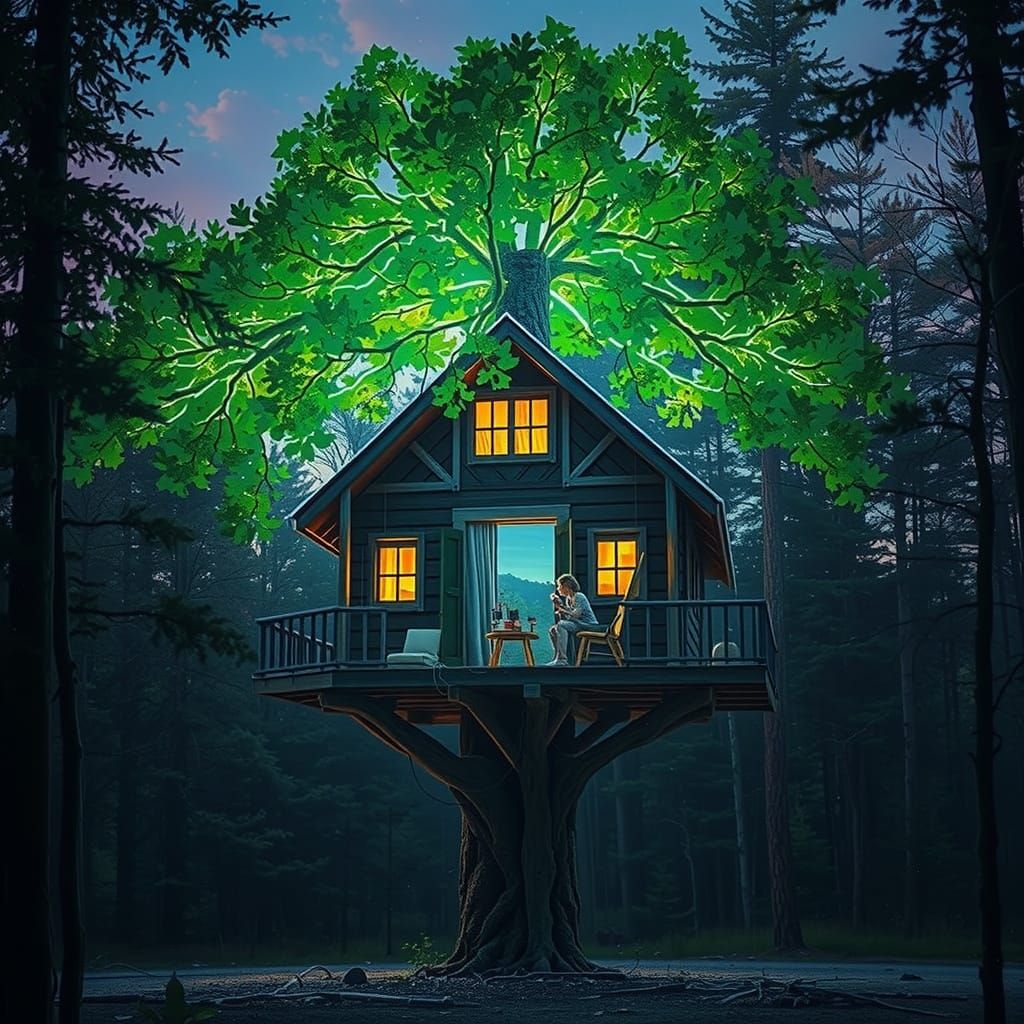 Cyberpunk Treehouse Scene with Neon Lights