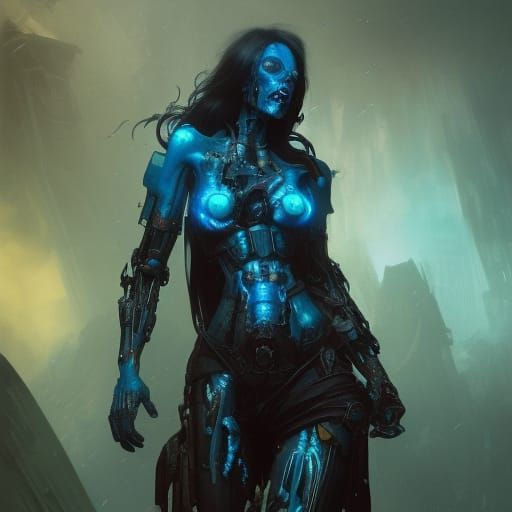 Hyperdetailed Blue Cyborg Zombie Concept Art
