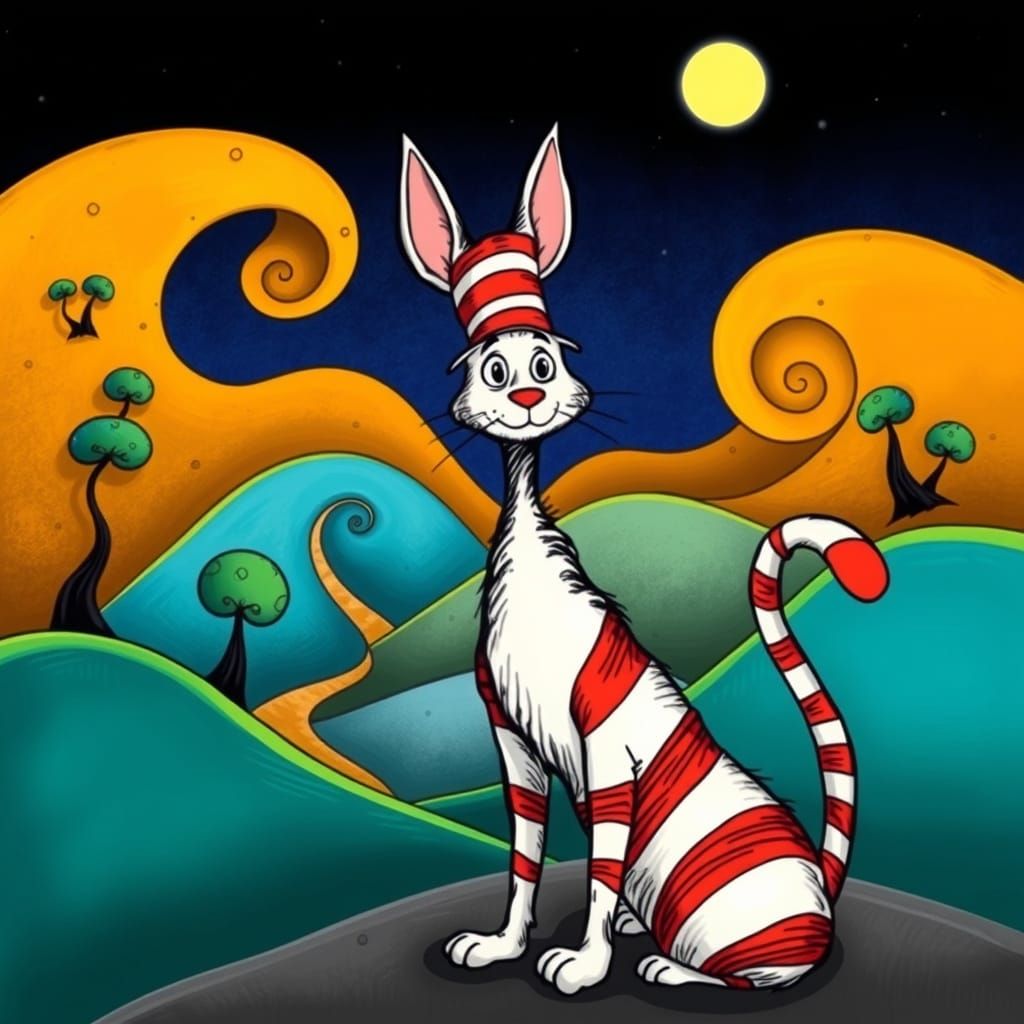 Whimsical Cat in Dreamlike Landscape