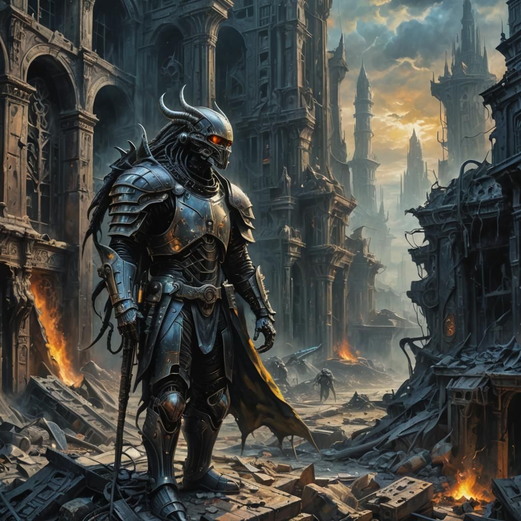 Dystopian Fantasy Hero in Ruined Cityscape