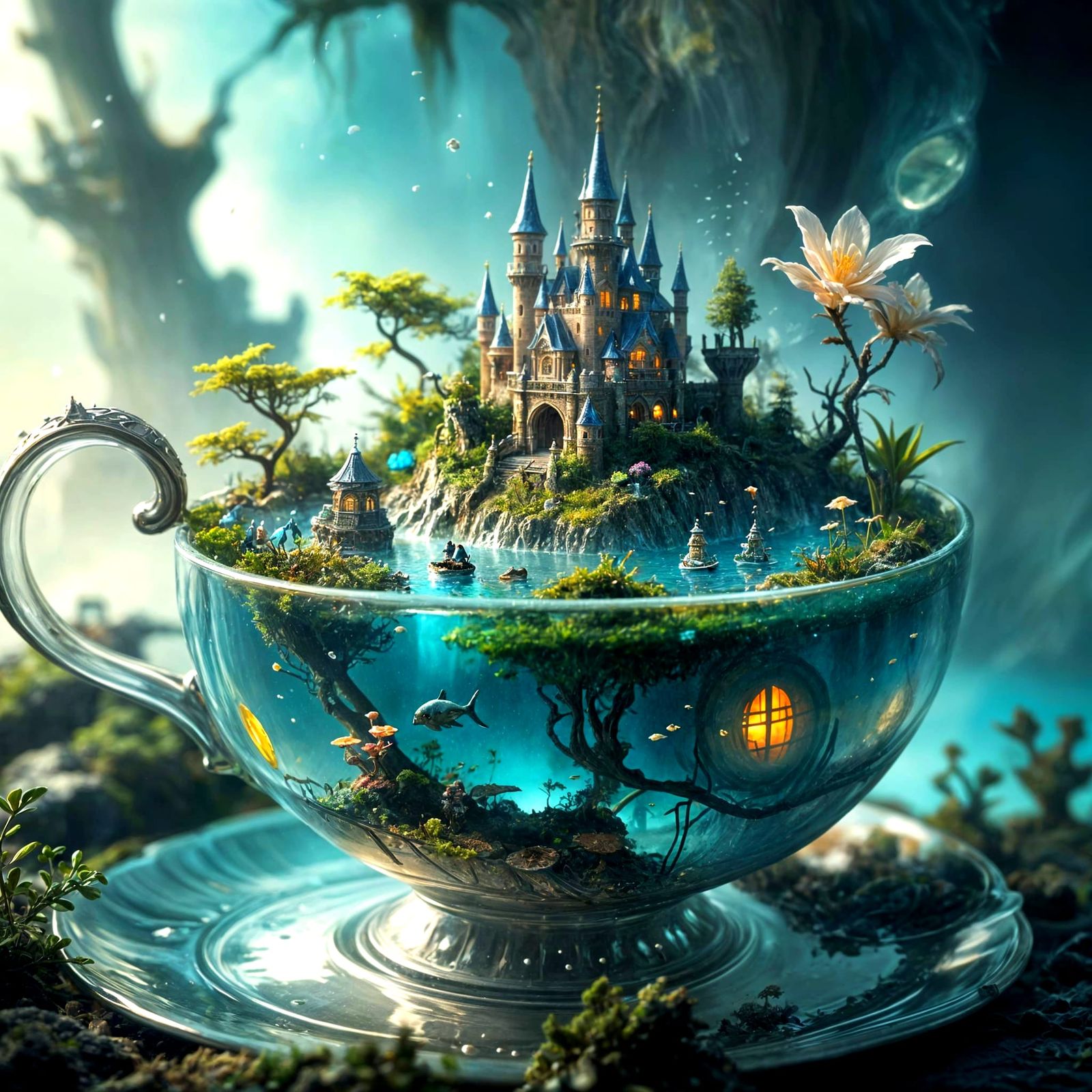 Majestic Tiny Kingdom in Teacup, Double Exposure Art