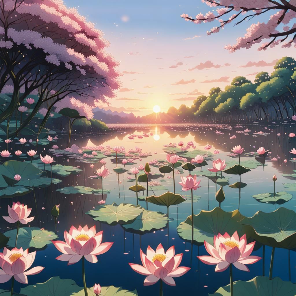 Lotus Flowers at Sunset: Studio Ghibli Anime Visual
