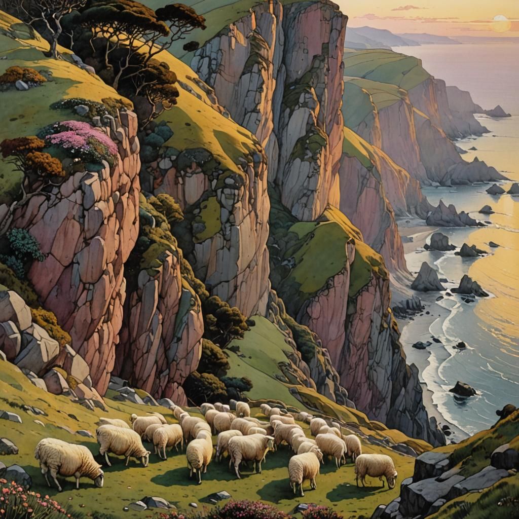 Coastal Shepherd at Sunset, Detailed Illustration