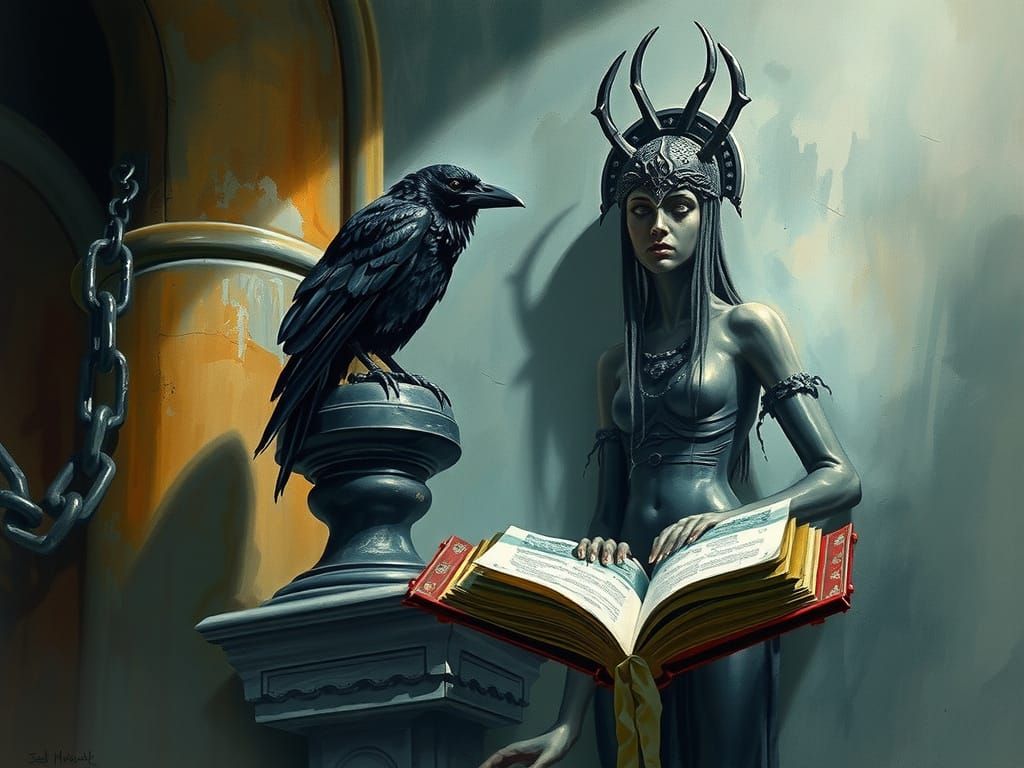Morrigan Reading Forbidden Book in Sinister Horror Scene