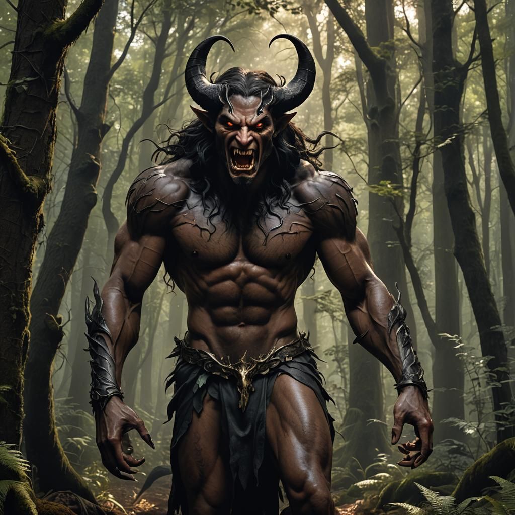 Hyperrealistic Incubus in Shadowy Forest: Allure and Ferocit...