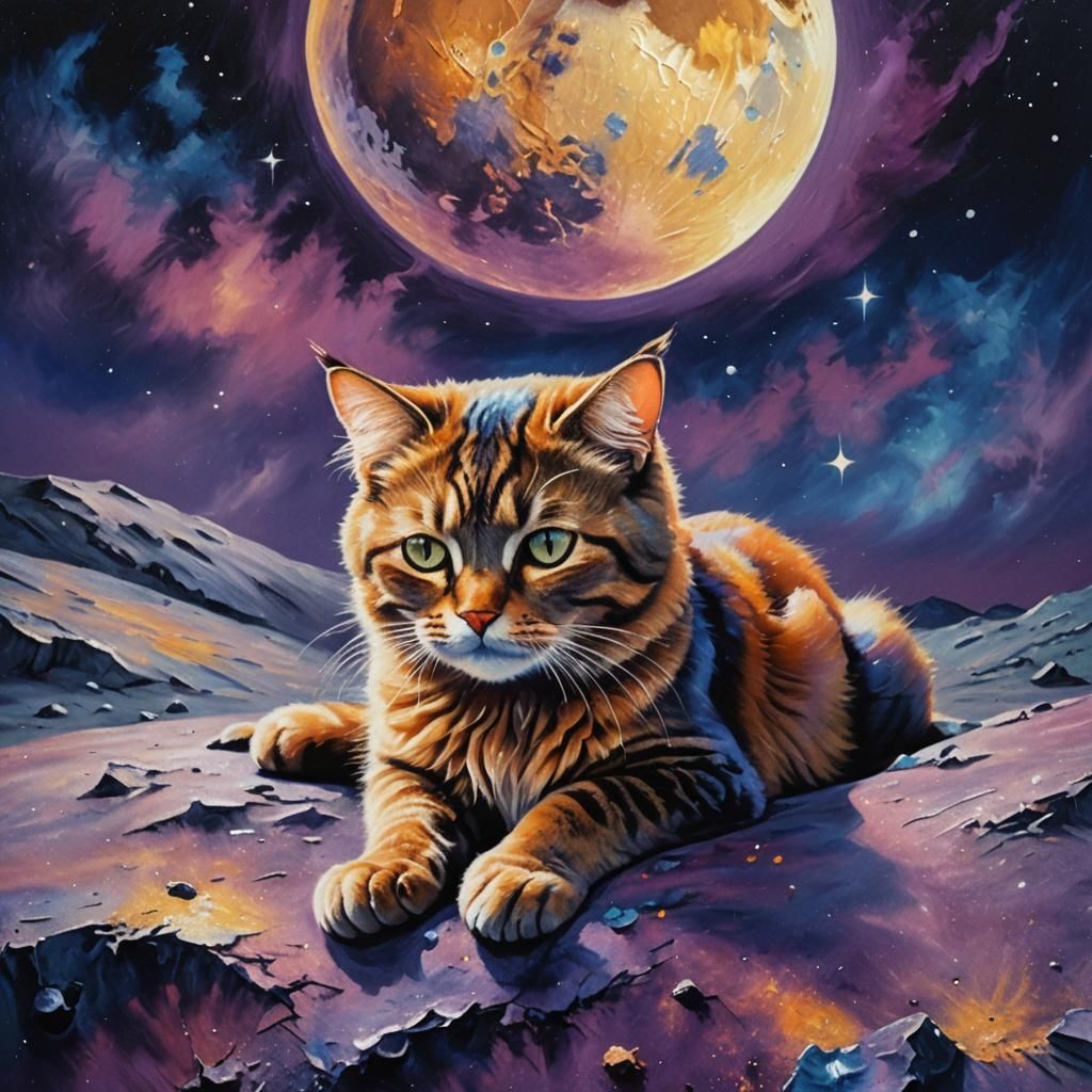 Surreal Cat on the Moon in Oil Painting Style