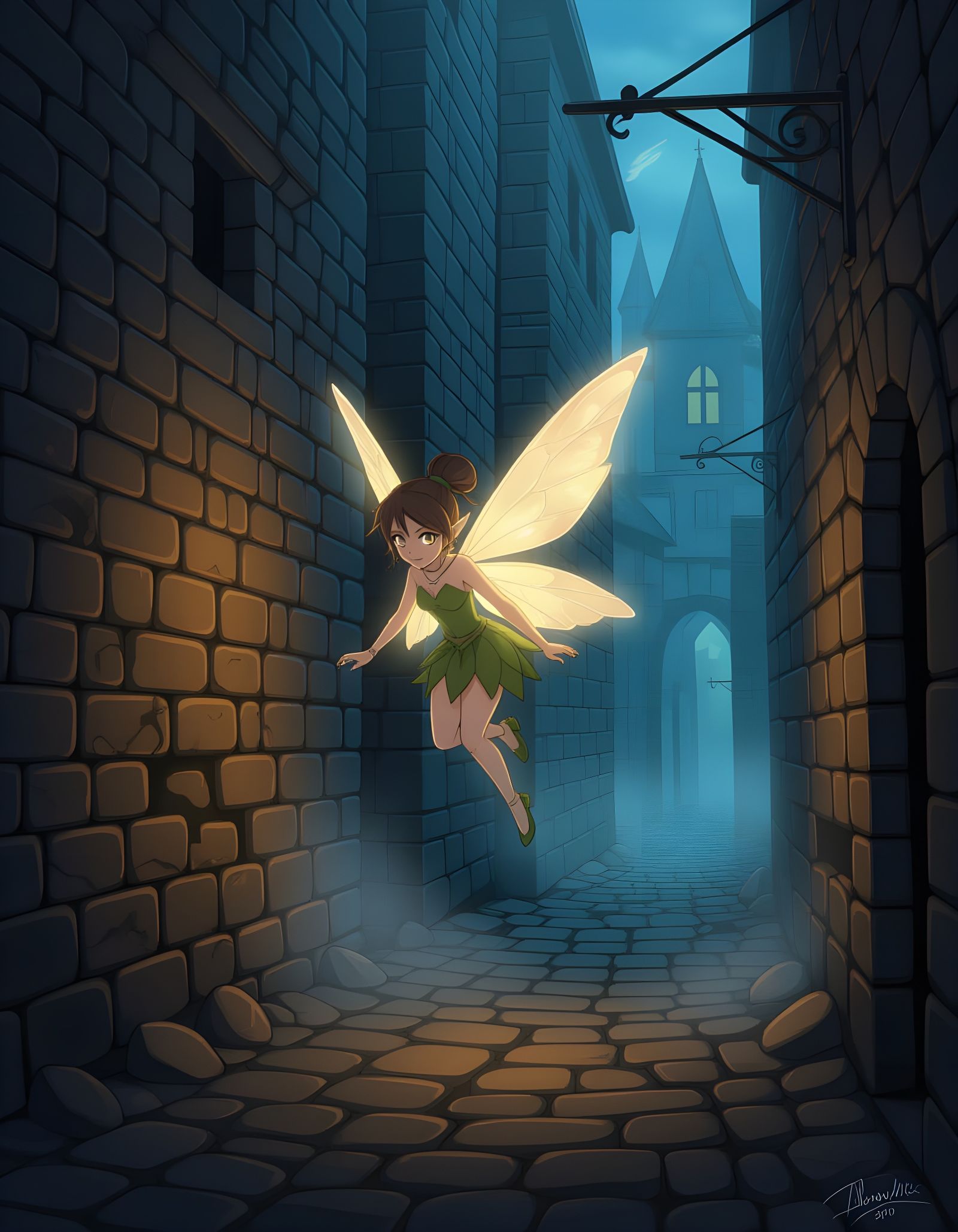 Miniature Fairy Uneasy in Dark Medieval Alleyway