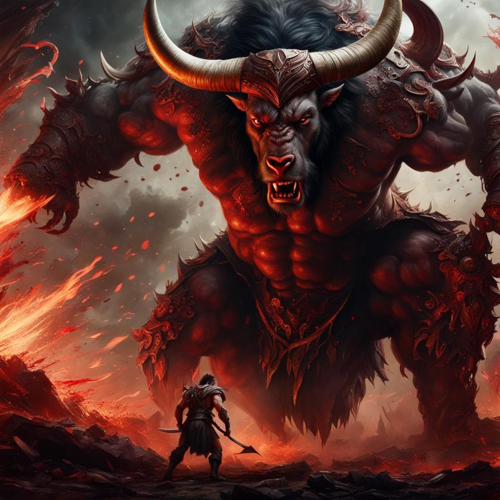 The battle between the Minotaur and Theseus