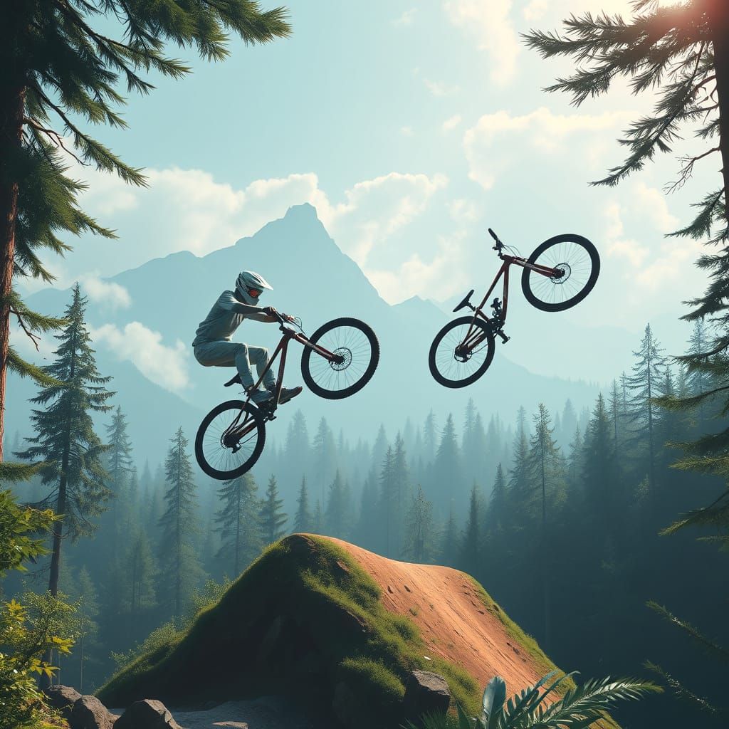 Mountain Biker Backflip in Futuristic Forest