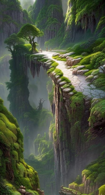 Mountain Path to Temple: Hyperrealistic Matte Painting