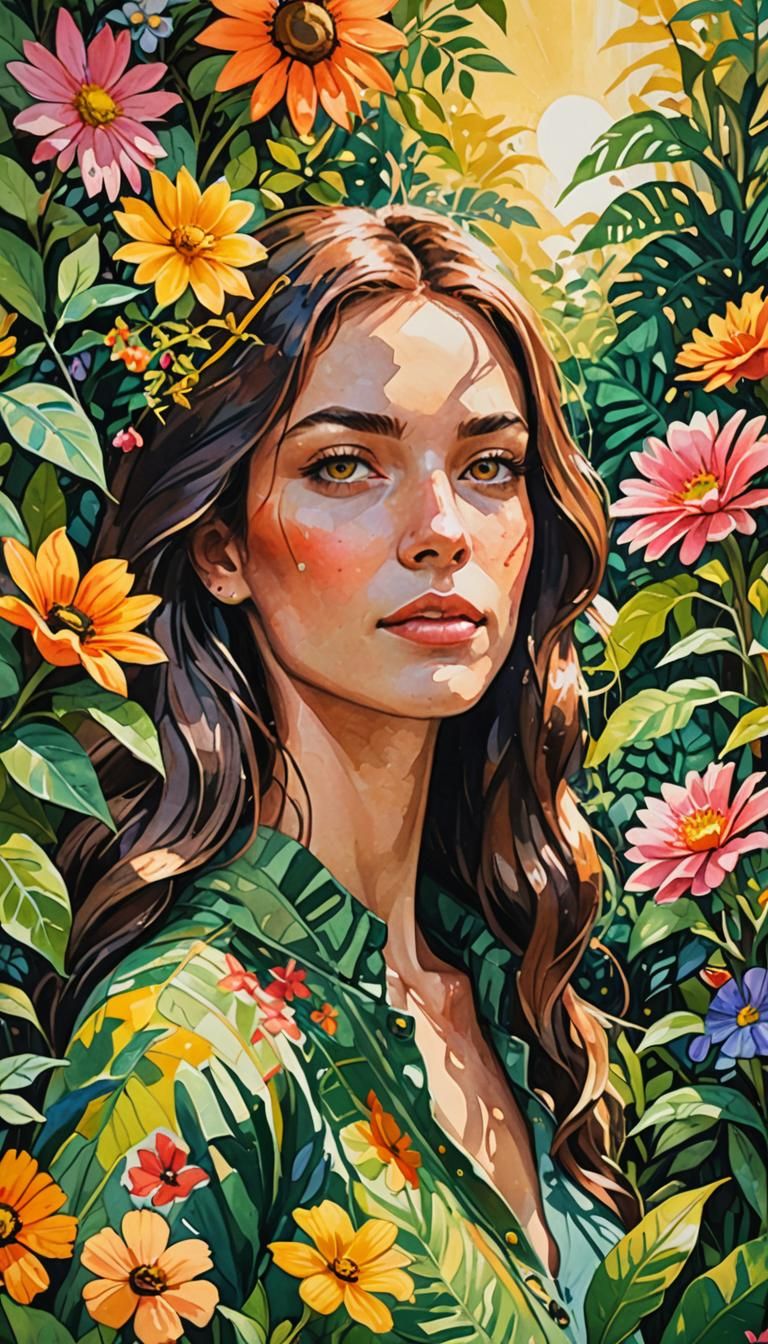 Solarpunk Girl in Gouache Watercolor Botanical Garden