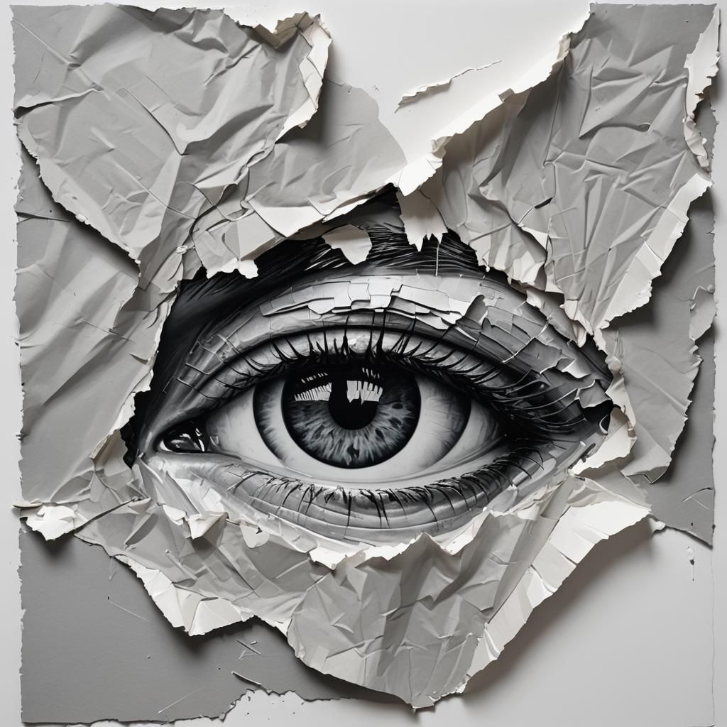 Eye Peeking Through Ripped Paper: Hyperrealistic Oil Paintin...