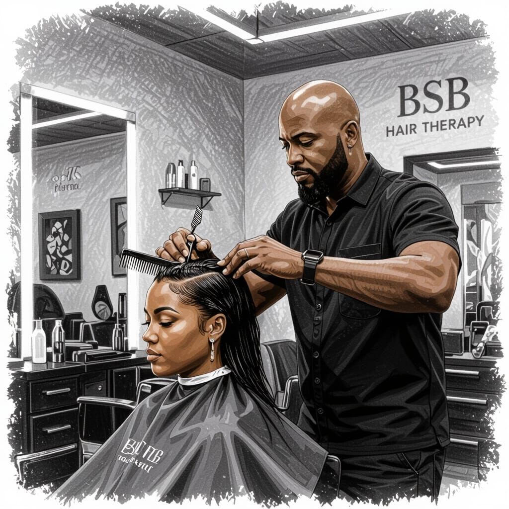 Barber Cutting Hair in Salon: Detailed Charcoal Drawing