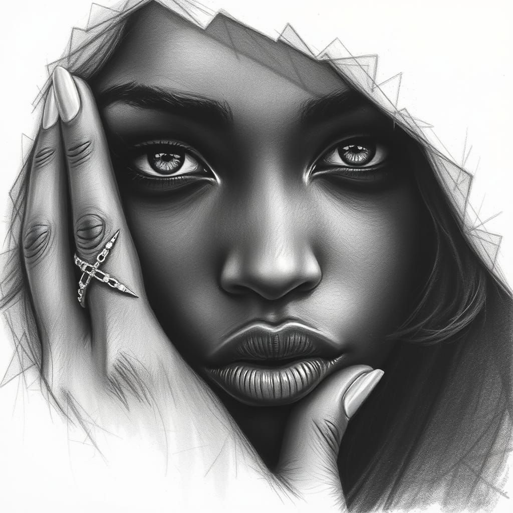 beautiful black woman, wearing an onyx ring, reptile pupils, soft pencil sketch, charcoal, hyperreal