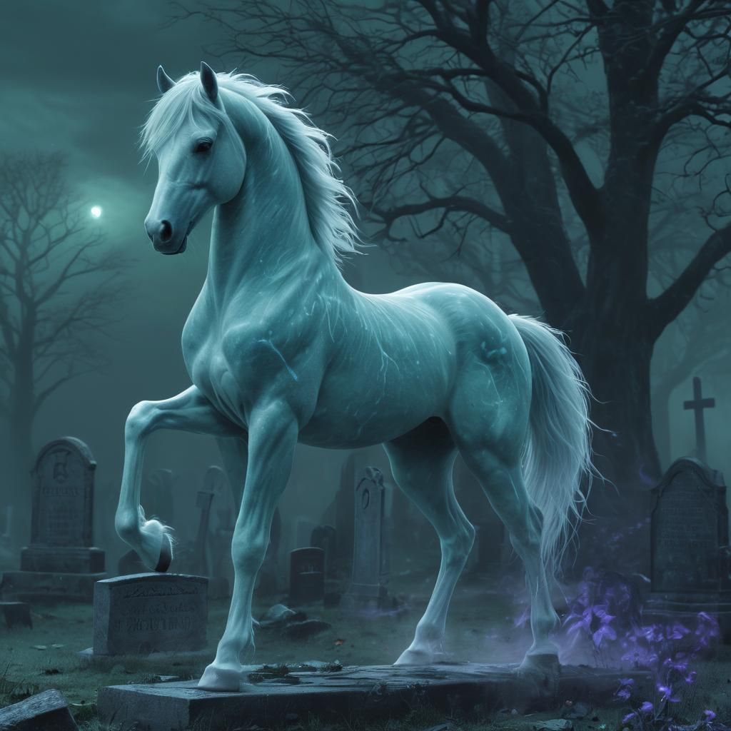 Ethereal Ghost Horse in Misty Graveyard