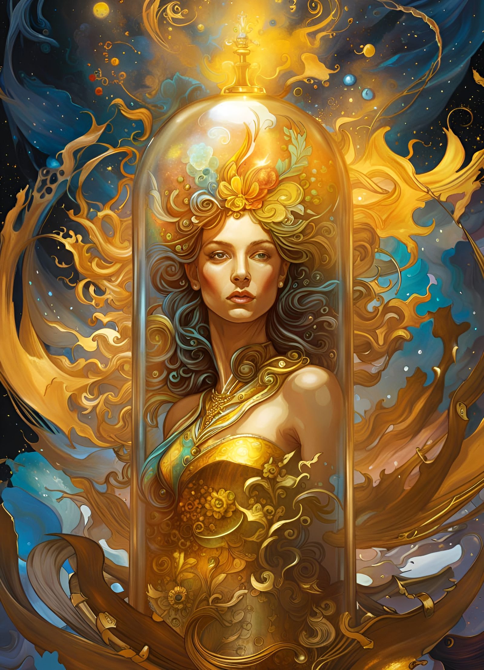 Explosion of a Gold Goddess in a Bottle