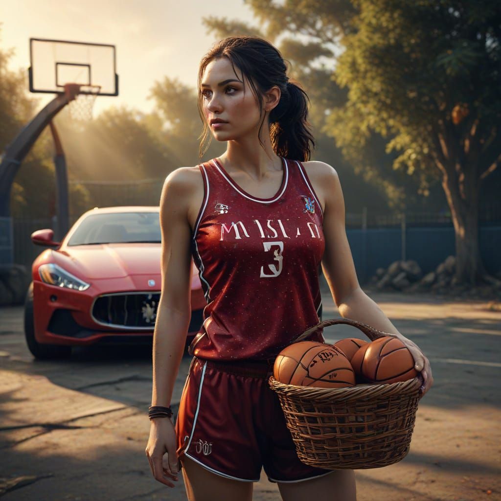Surreal Woman in Basketball Uniform Stands Beside Maserati o...