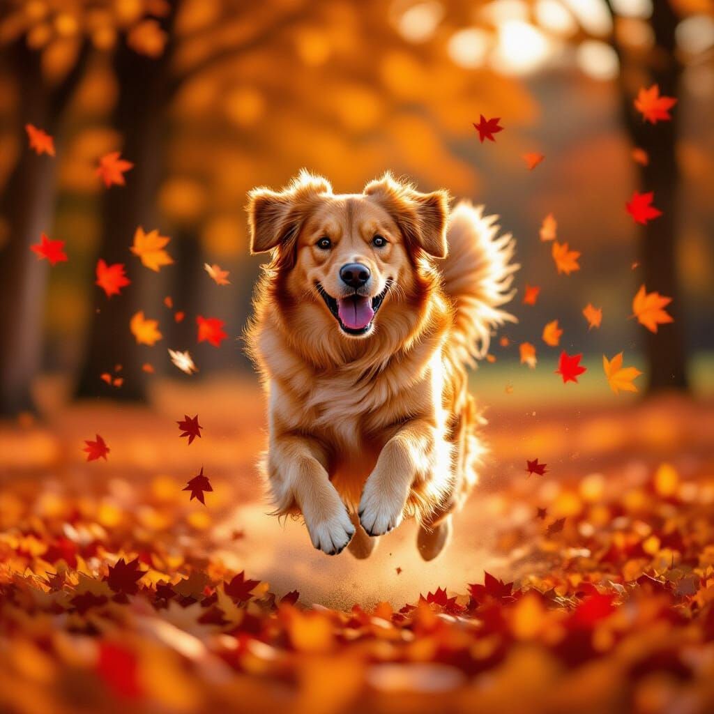 Golden Retriever Body-Surfing Through Autumn Leaves