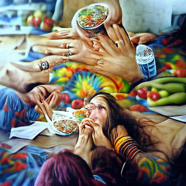 Photorealistic Painting of Hippies Eating Hands