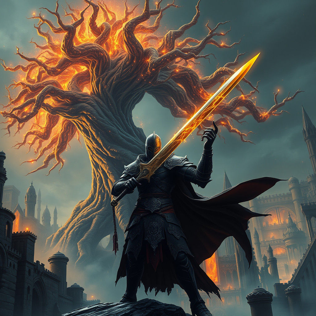 Heroic Warrior at Edge of Ruined Cityscape