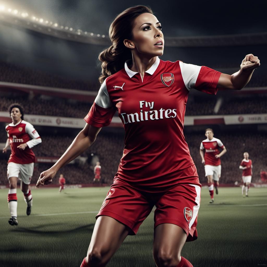 Woman in Arsenal Uniform Scores Goal: Digital Painting