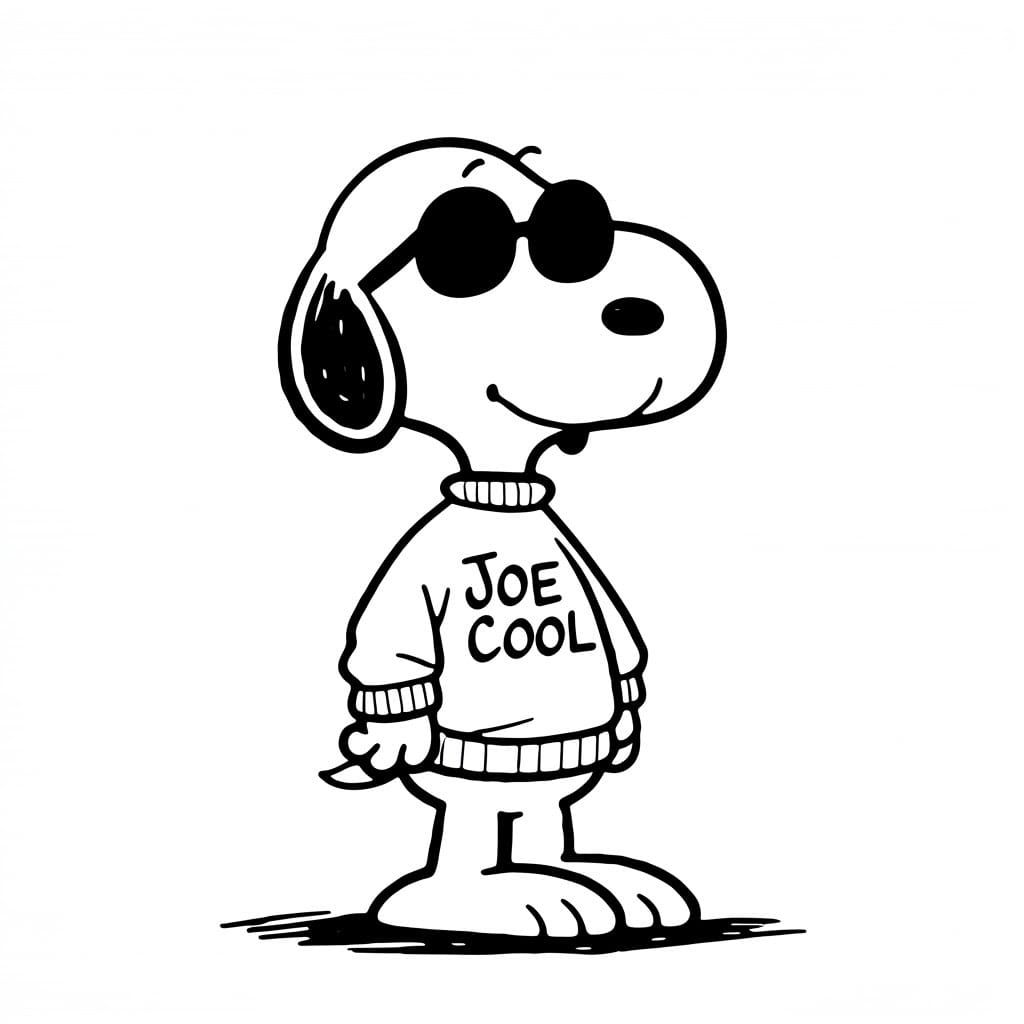 Black and white ink drawing of Snoopy wearing a Joe Cool sweatshirt