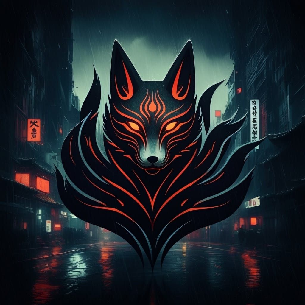 Mysterious Nine-Tailed Fox Logo in Dark Noir Style