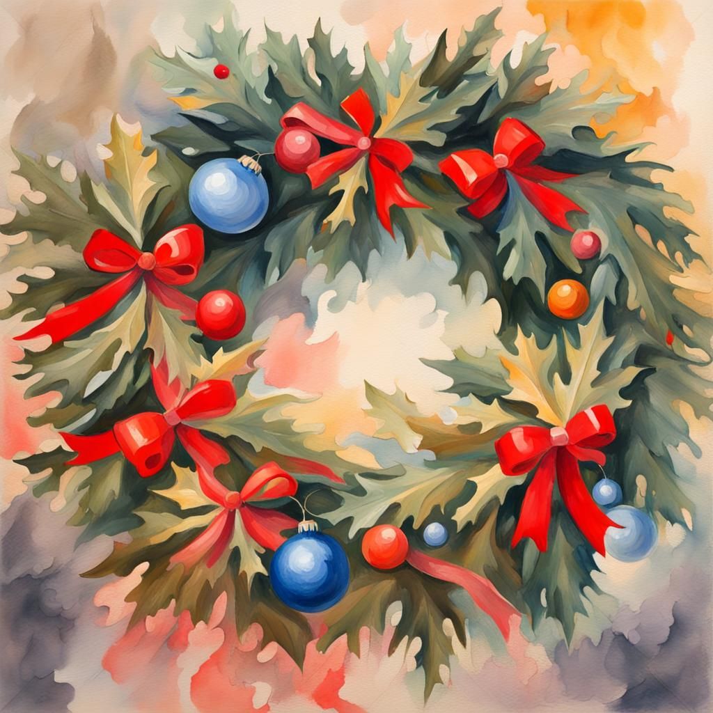 Christmas Wreath in Gouache Watercolor Style
