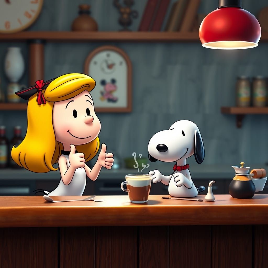 Snoopy Serves Up a Perfect Cappuccino in Vibrant 3D Cartoon....