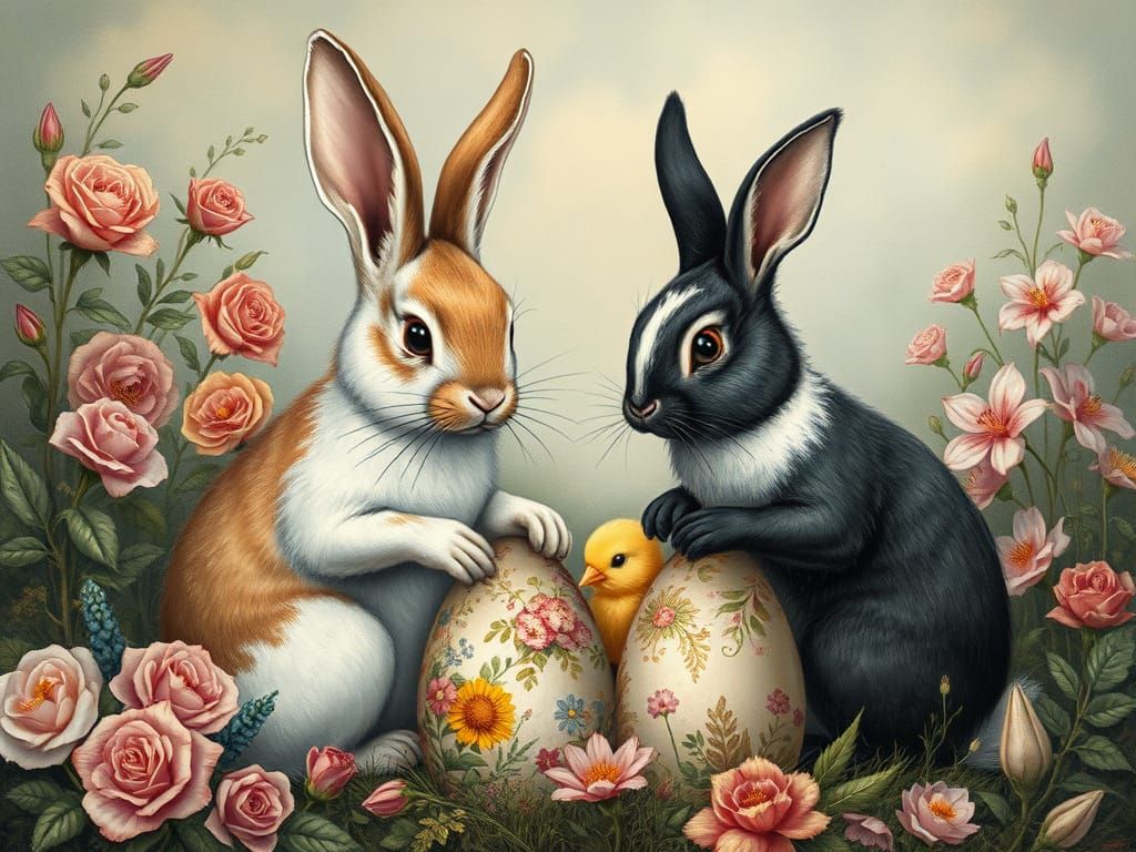 Bunnies and Chicks Painting Easter Eggs: Vintage Charcoal Dr...