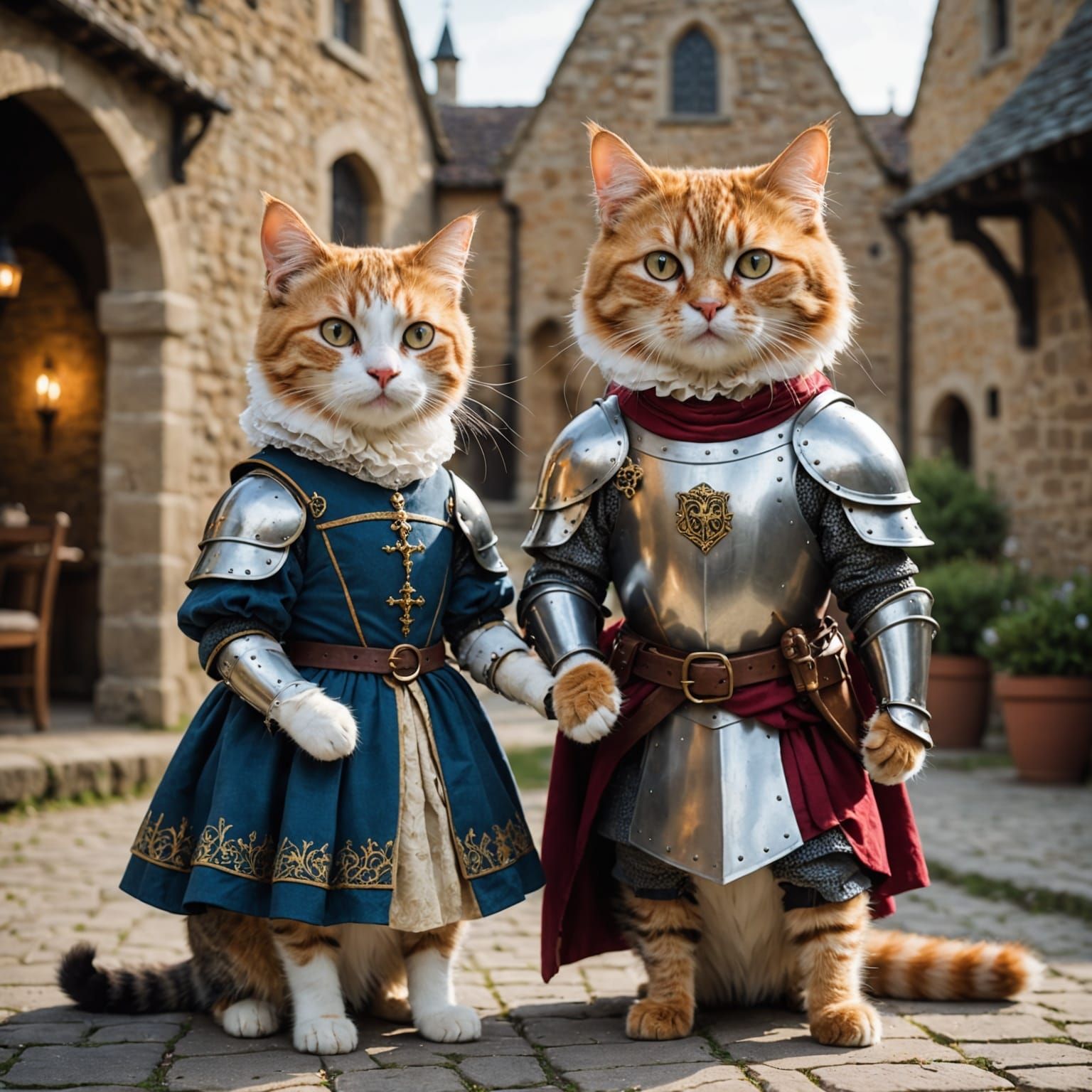 Cartoon Cats Cosplay as Medieval Knight and Lady