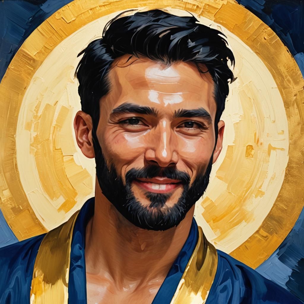 Neo-Expressionist Portrait of Smiling Man with Halo