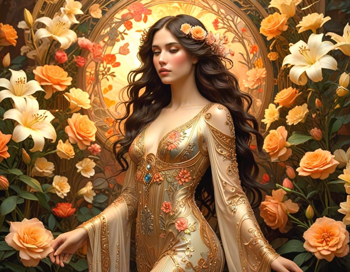 Art Nouveau Woman in Floral Garden