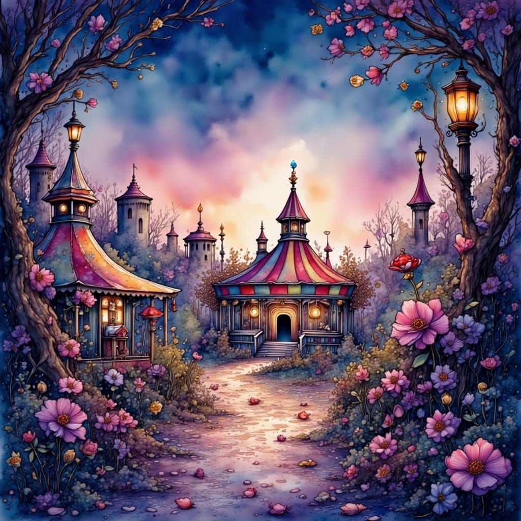 A whimsical but dark carnival in the distance