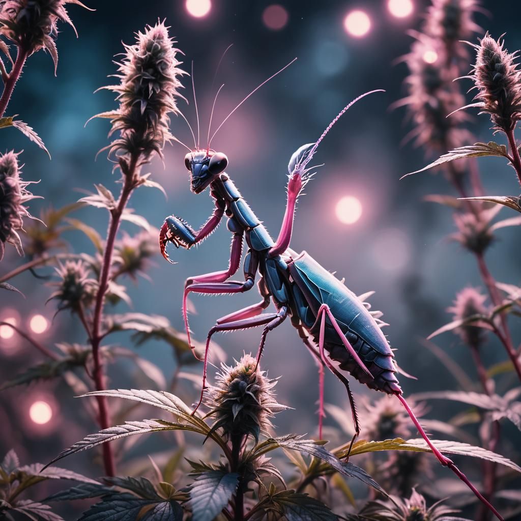 Pink Mantis in a Cannabis Jungle Night