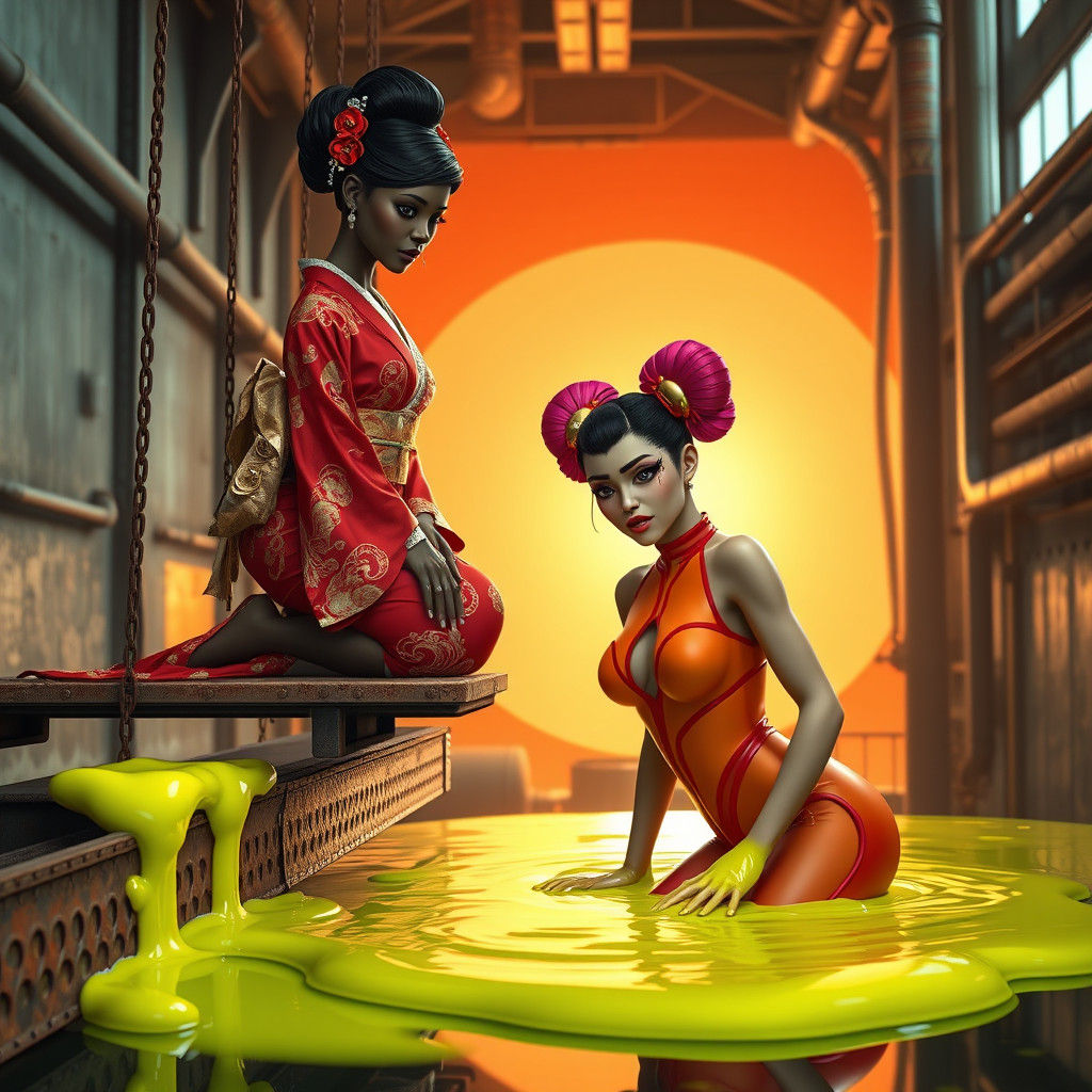 Kimono Figure Above Slime Pool, in 3D Digital Art