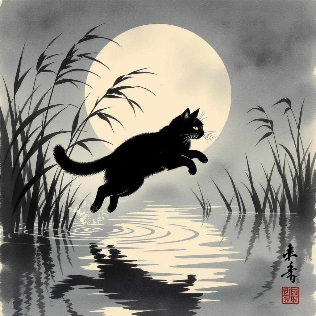 Black Cat Leaping, Japanese Ink Art Style