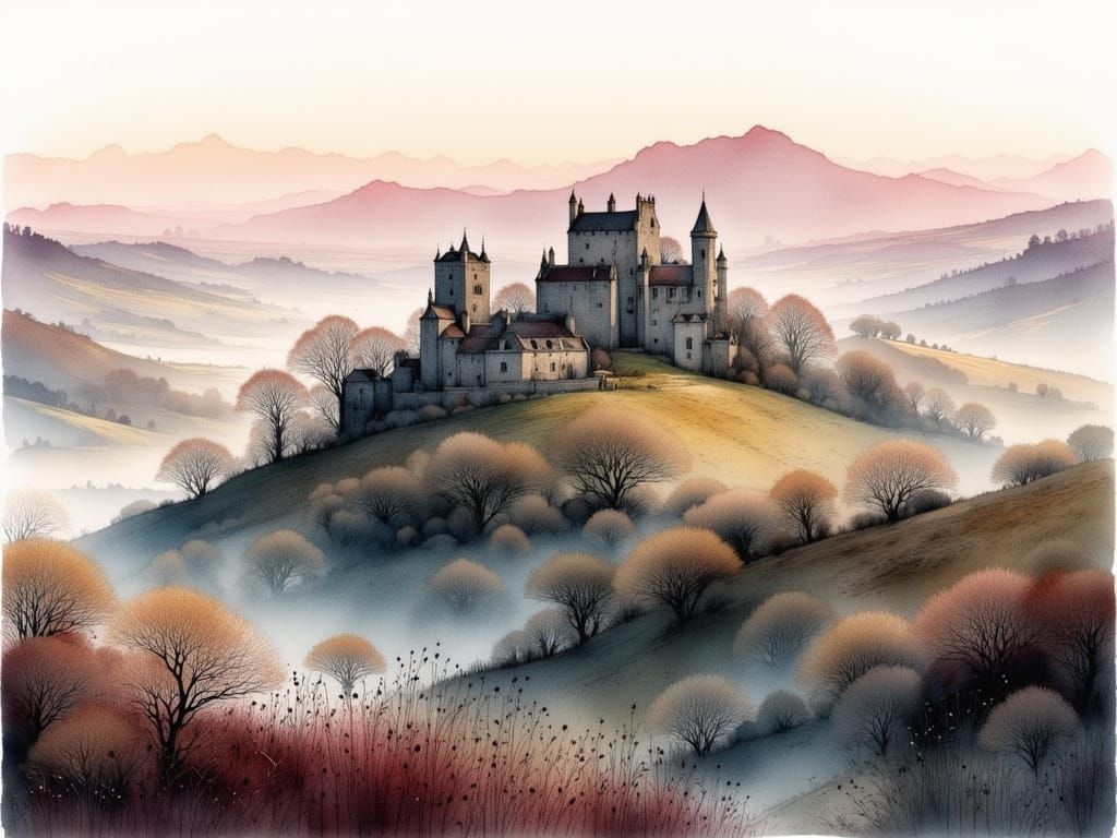 Domed Mountains and Ruined Castles in Watercolor Style