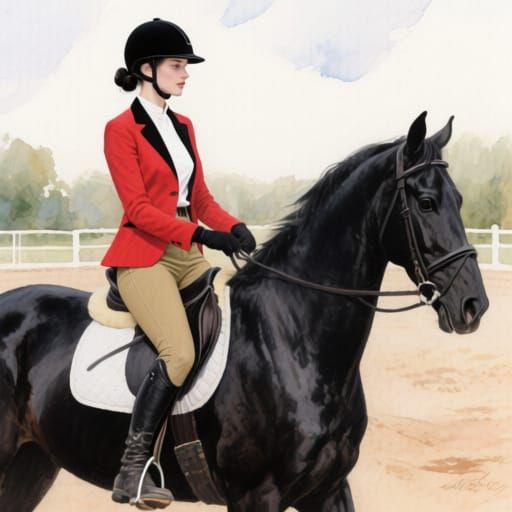 Impressionist Watercolor Woman Riding Black Horse