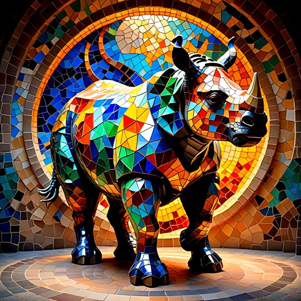 A figure Rhinoceros Full-length made of colorful in the style of Antoni Gaudí's mosaics /figure Rhinoceros made entirely...