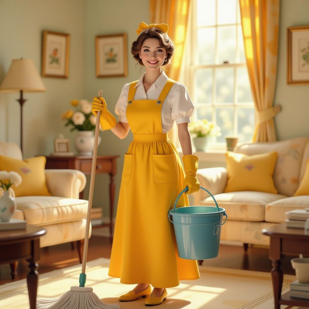 Woman Cleaning in Beatrix Potter Style