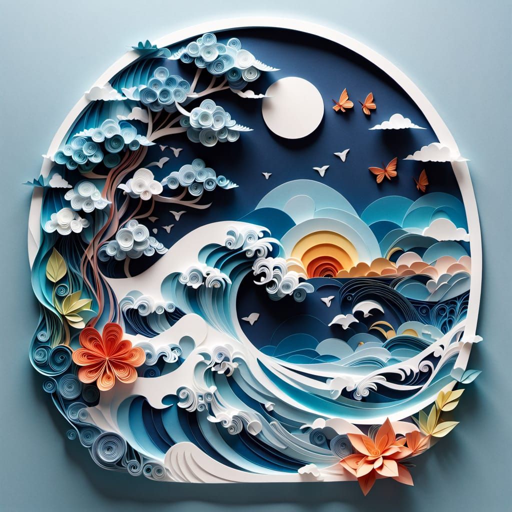 Kirigami Ocean Wave in Sumi-e Style