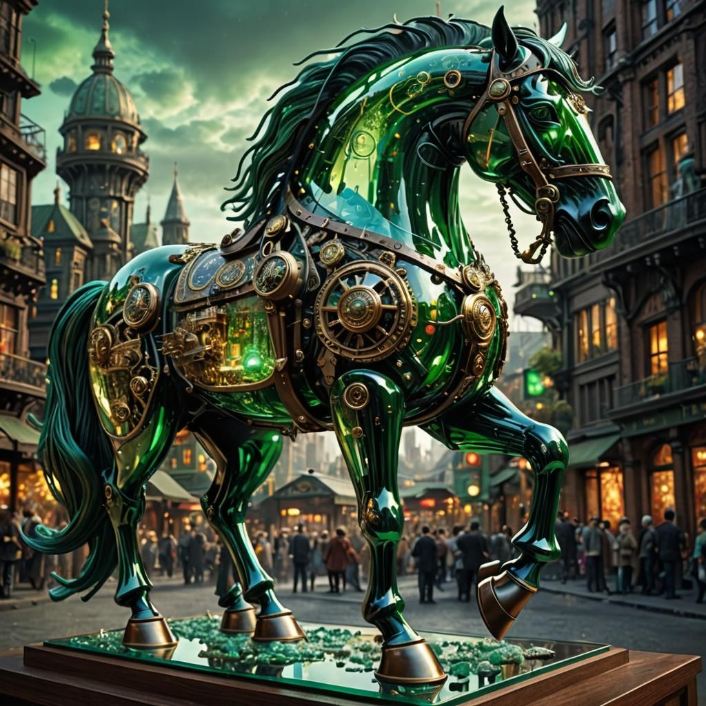 Steampunk Glass Trojan Horse with Miniature City